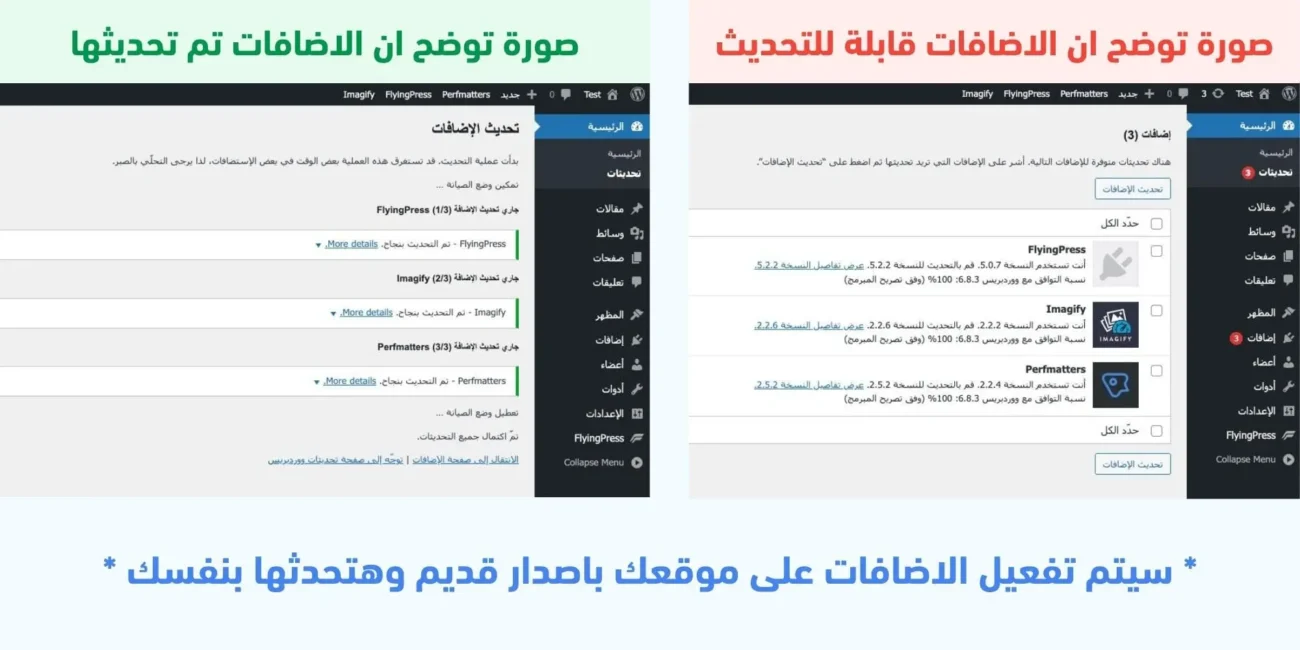 صورة توضح ان باقة تسريع ووردبريس يتم تحديثها تلقائياً من داخل لوحة تحديثات ووردبريس